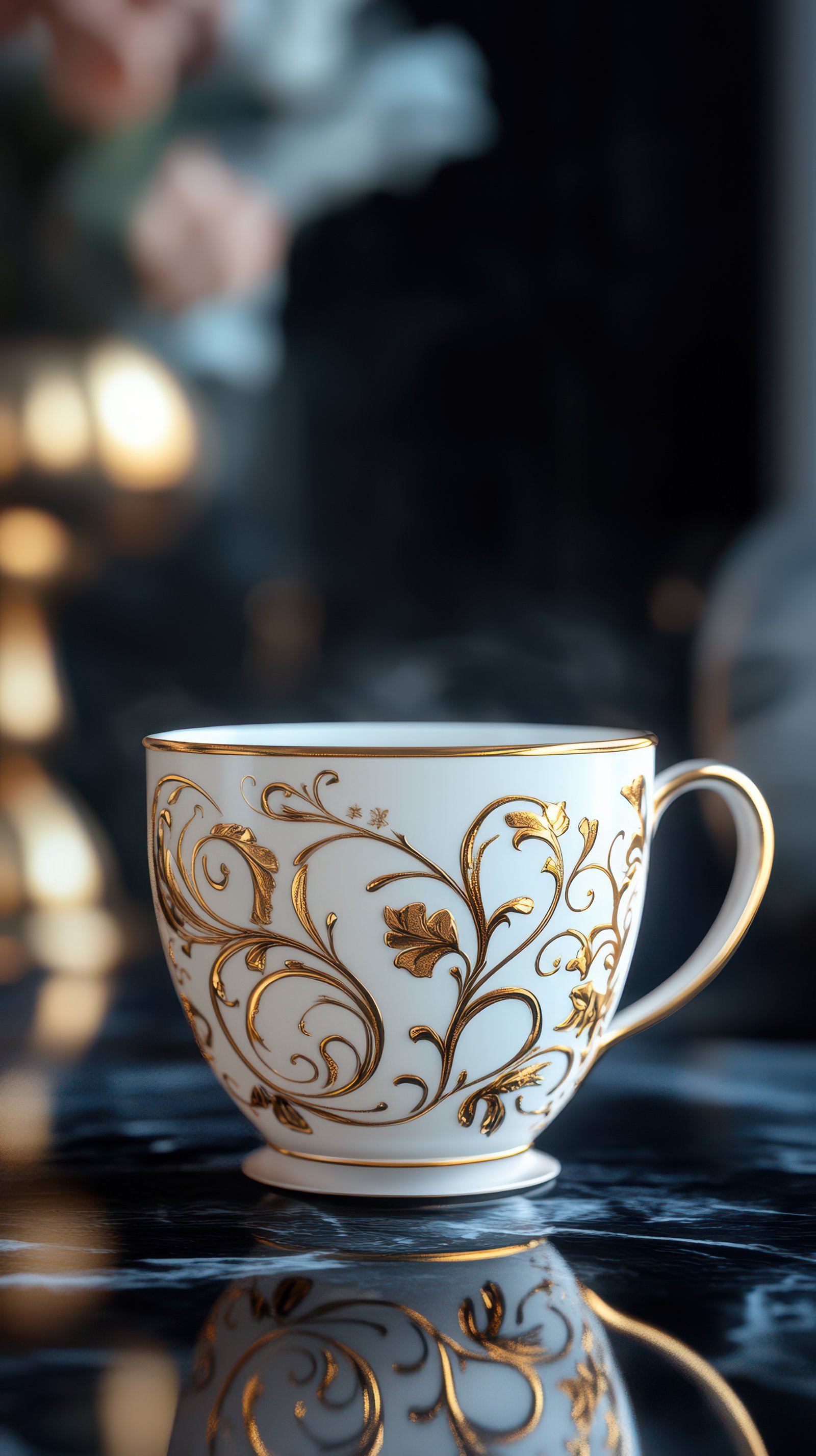 Elegant tea cup with gold floral design on a marble surface in a dimly lit room